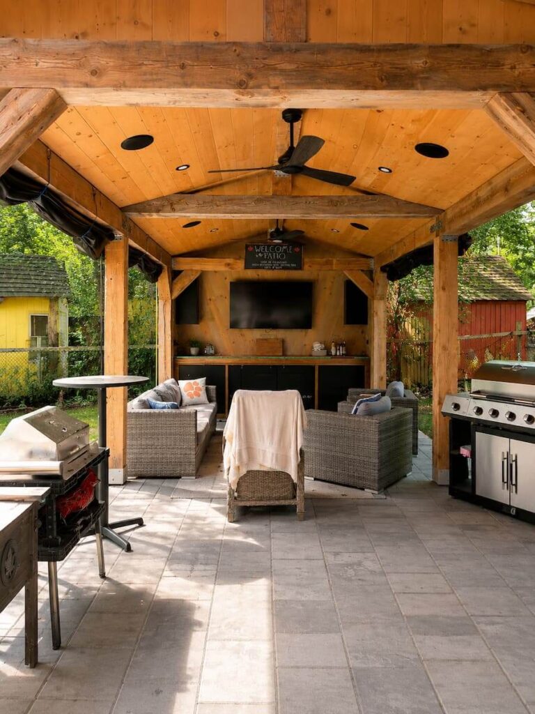 Interior view of Douglas-fir accessory structure pavilion with exposed wood framing